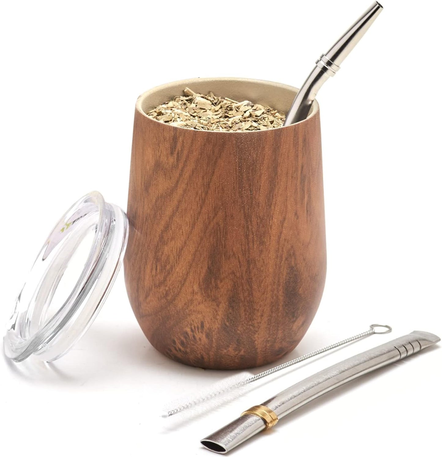 BALIBETOV 5 pcs large Yerba Mate Cup and Bombilla Kit, Includes one 8 oz Yerba Mate Gourd with Lid, Two Bombillas Mate Straw and one cleaning brush (Wood, 8.00)