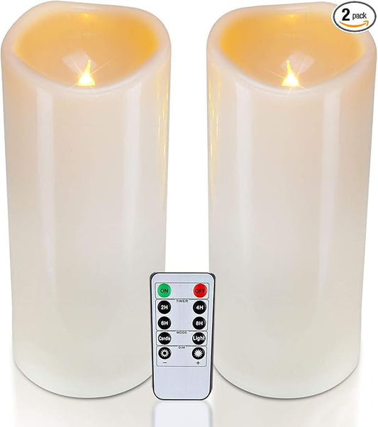 Homemory 4" x 10" Large Waterproof Outdoor Flameless Candles, Battery Operated LED Pillar Candles with Remote and Timers for Indoor Outdoor Lanterns, Long Lasting, Dark Ivory, Set of 2