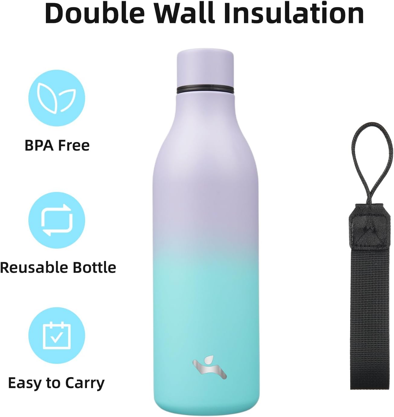 Insulated Water Bottle with Strap,25 oz Double Wall Stainless Steel Vacuum Bottles Metal Water Flask,Lavender Green