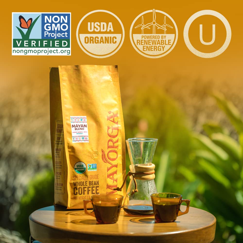 Mayorga Organic Coffee 5lb Mayan Blend - Medium Roast Whole Bean Coffee Specialty Grade, 100% Arabica, Slow Roasted, Chocolate and Floral Flavor with Low Acidity - USDA Organic, Non-GMO, Kosher
