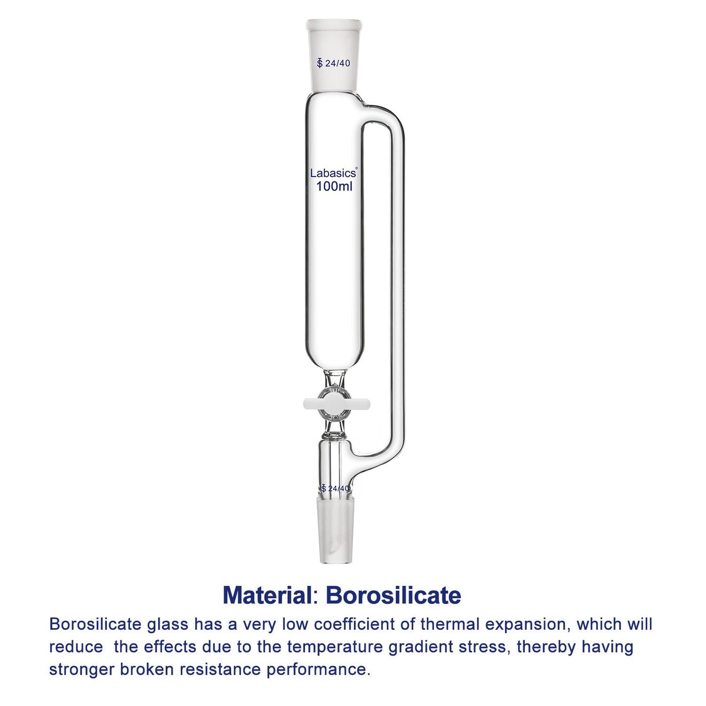 Labasics 100 ml Pressure Equalizing Addition Funnel, Borosilicate Glass Dropping Funnel 24/40 Joint with PTFE Stopcock for Laboratory
