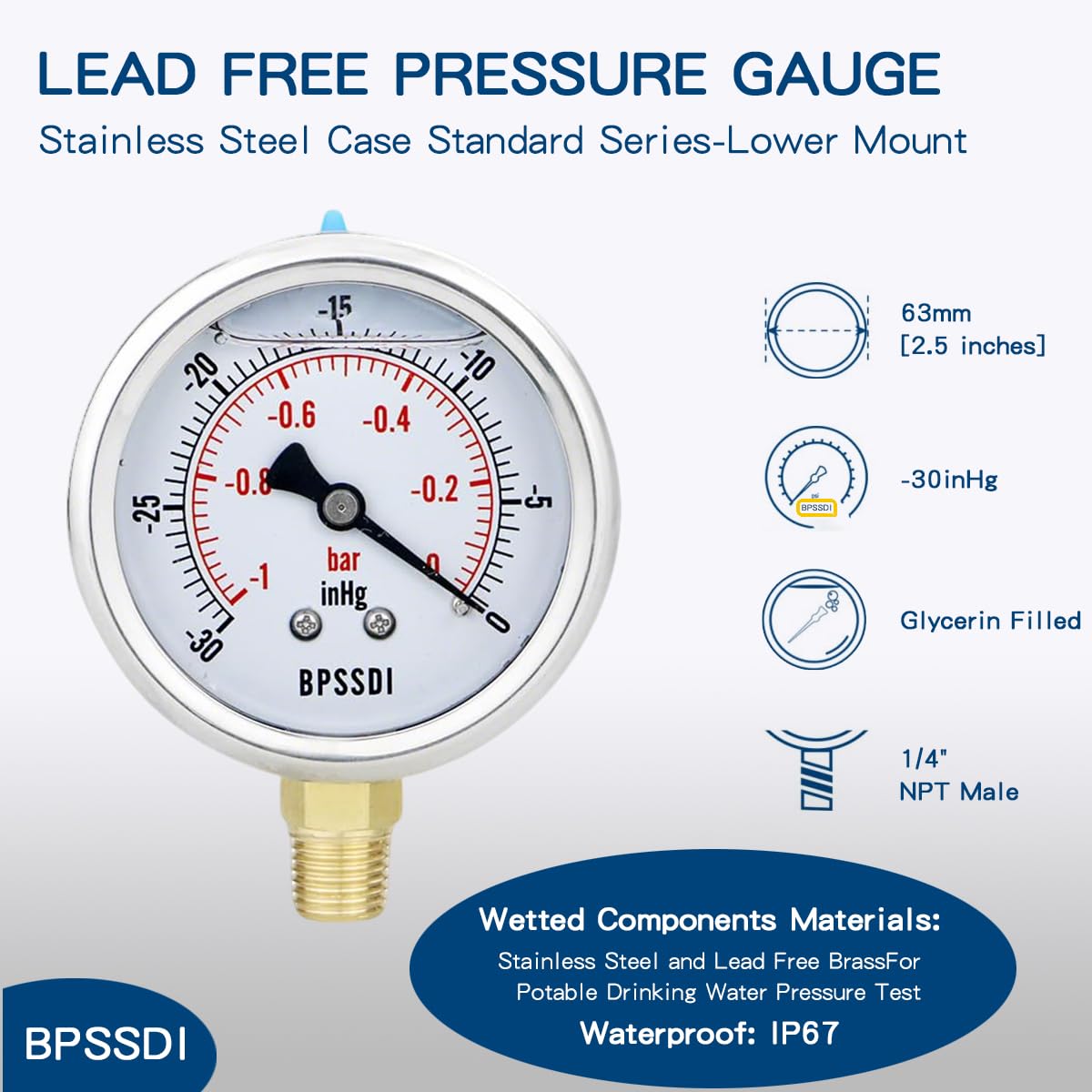 30 inHg Vacuum Silicone Oil Liquid Filled Low Pressure Gauge, 2.5" Dial Size, 1/4" NPT Lower Mount, 304 Stainless Steel Case, for Water Pipe, HVAC, Water Oil Air Pressure Test