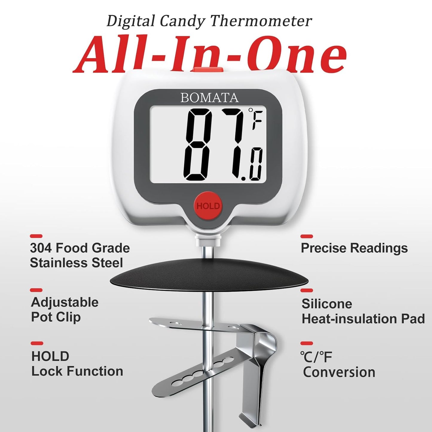 BOMATA Digital Candy Thermometer with Pot Clip, Deep Fry Oil Thermometer with Rotatable Display & Long Probe, for Candy Candle Making, Cooking, Food, Liquids, Water, Sugar.. White