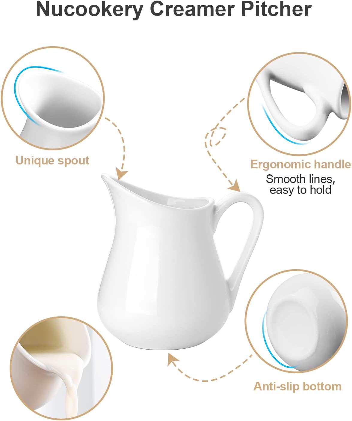 Nucookery 2 Pack 8 Oz White Creamer with Handle, Ceramic Small Creamer Pitcher Set of 2, Porcelain Small Milk Pitcher For Coffee Sauces Salad Milk, Microwave & Freezer Safe (8-Ounce, Set/2)