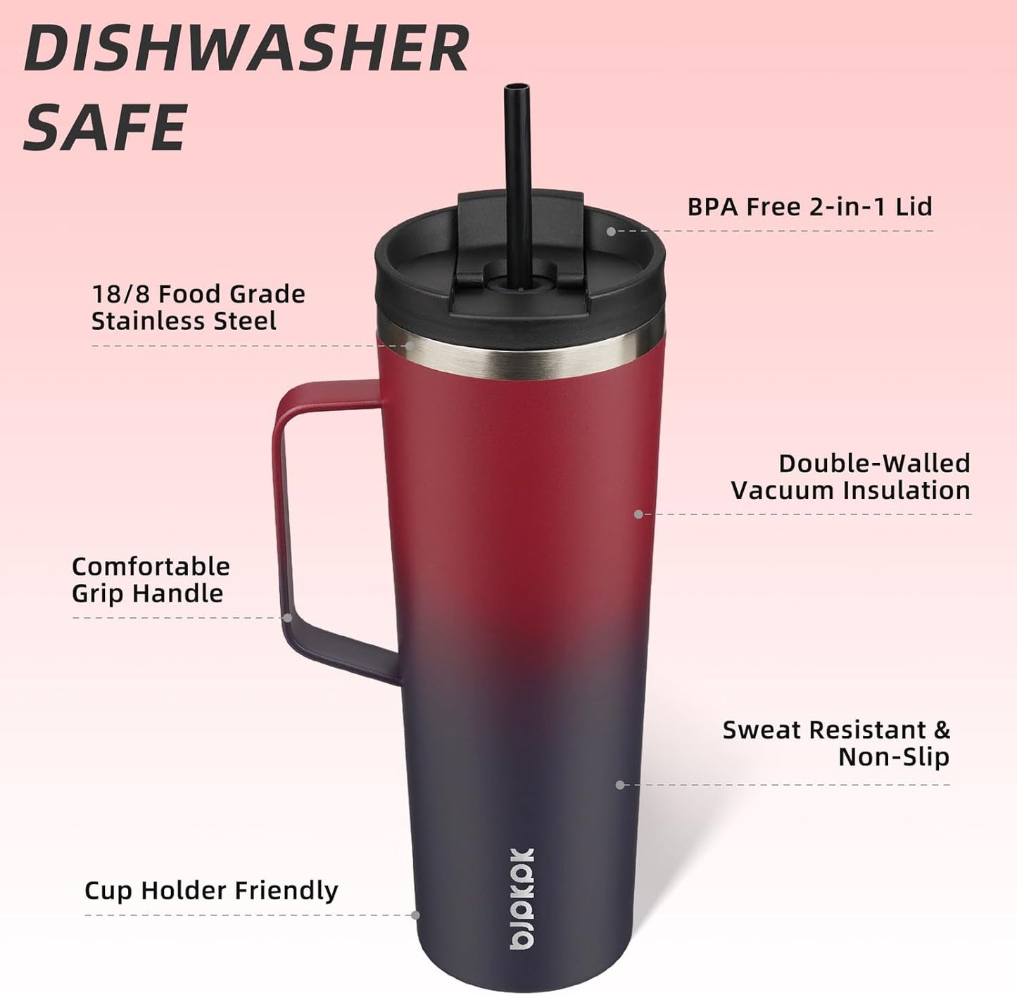 BJPKPK Insulated Tumbler with Handle, 30oz Insulated Tumblers with Lid and Straw, Stainless Steel Metal Water Bottles, Coffee Travel Mugs, Cups, Charming Red