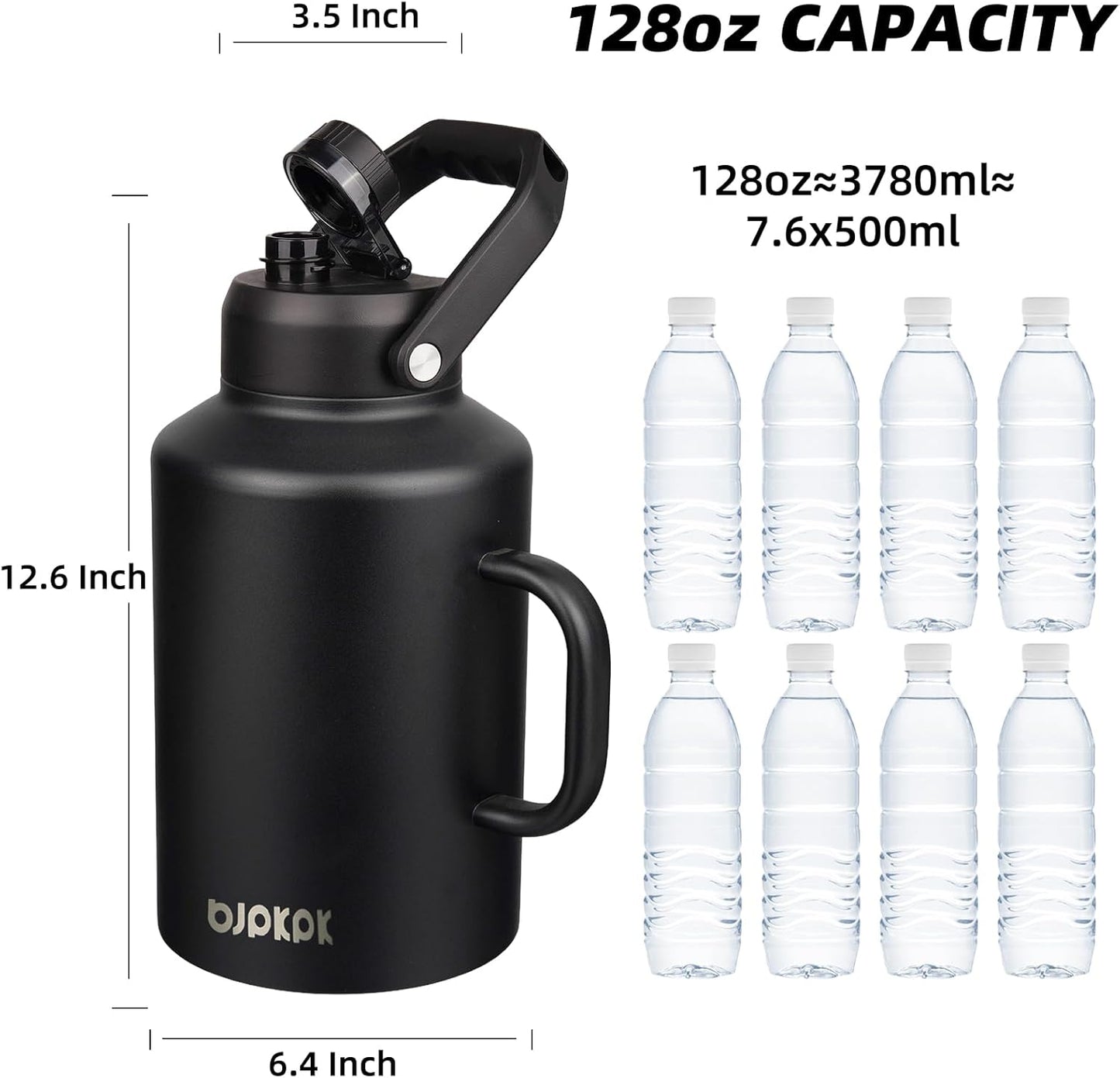 BJPKPK 1 Gallon Water Bottle with Handle, Large Dishwasher Safe 128oz Insulated Water Bottle, BPA Free Water Jug, Wide Mouth Metal Water Bottle with Anti-slip Bottom, Keep Cold & Hot,Black