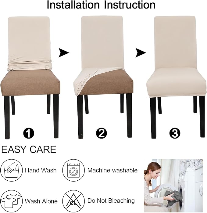 JQinHome 6 Pcs Dining Chair Slipcover,High Stretch Removable Washable Chair Seat Protector Cover for Home Party Hotel Wedding Ceremony (Beige White)