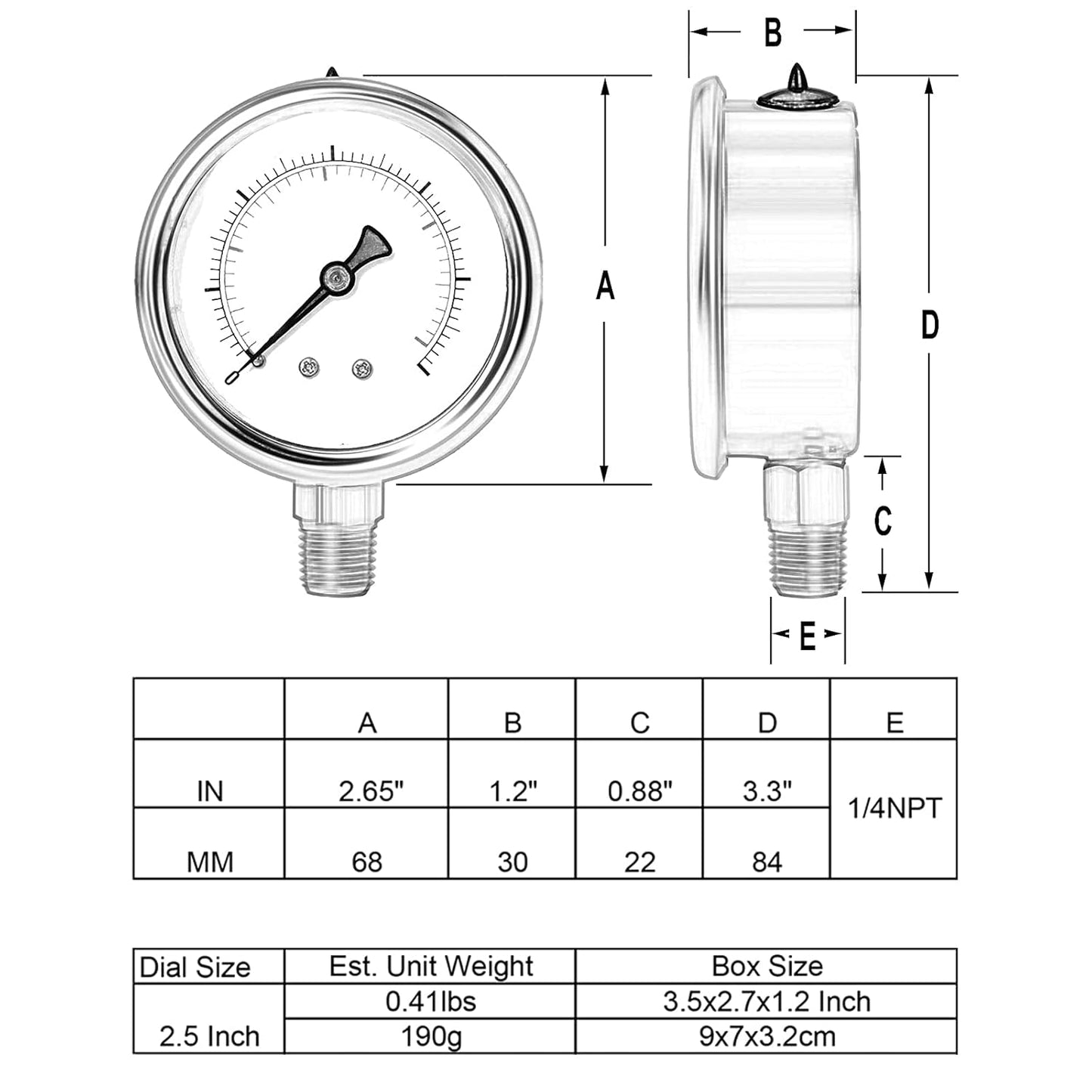 Glycerin Filled Pressure Gauge 600psi/40bar, Stainless Steel case, Brass Inside Construction, 2-1/2" dial, 1/4" NPT Rear Connection.