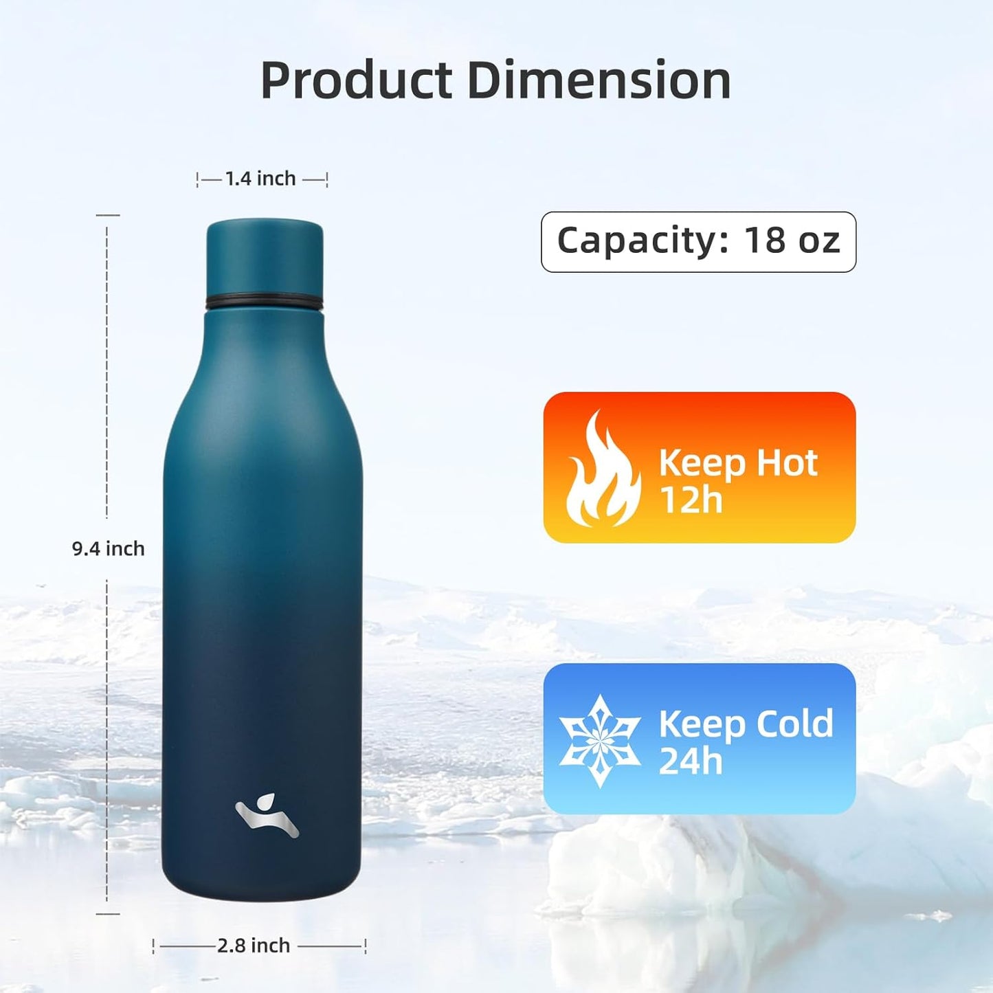 Insulated Water Bottle with Strap,18 oz Double Wall Stainless Steel Vacuum Bottles Metal Water Flask,Indigo Black