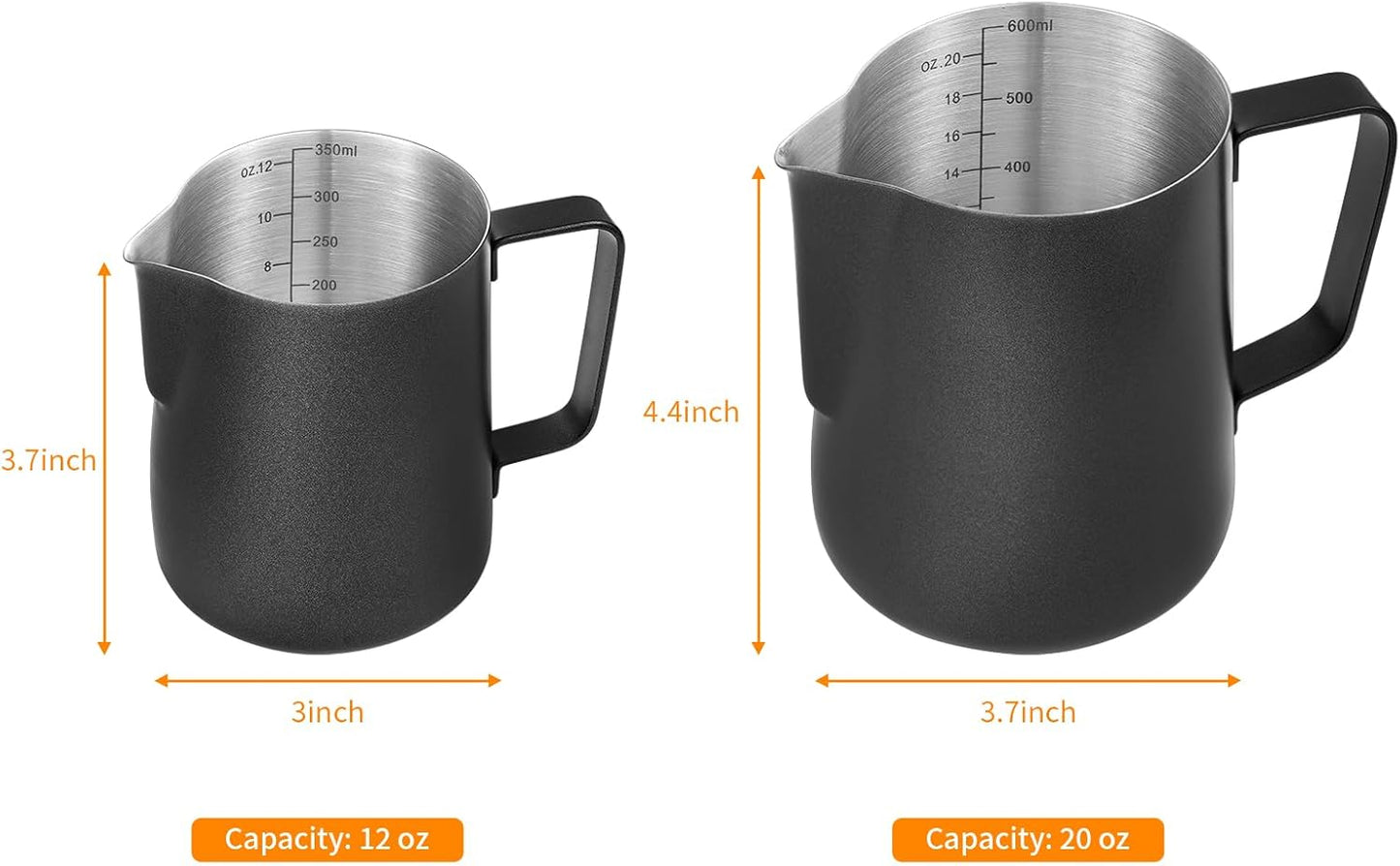 2 Pack Matte Black Milk Frothing Pitcher, 12oz/350ml & 20oz/600ml Espresso Steaming Pitcher, Stainless Steel Milk Frother Steamer Cup, Perfect for Espresso Coffee Cappuccino Latte Art