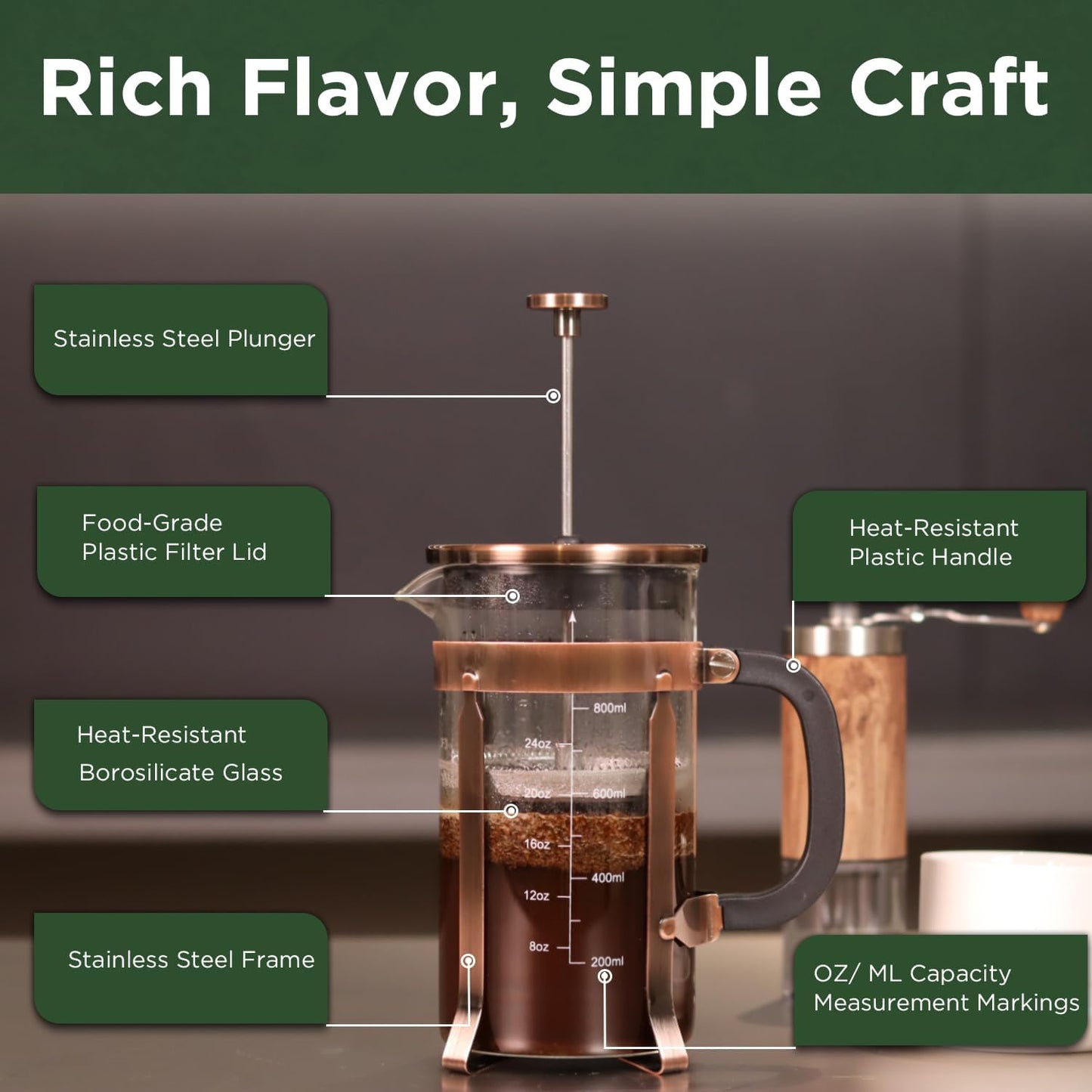 French Press Coffee Maker, 34 Ounce 1 Liter, Stainless Steel, Cold Brew Heat Resistant Borosilicate Glass Espresso Coffee & Tea Maker with 4 Filter