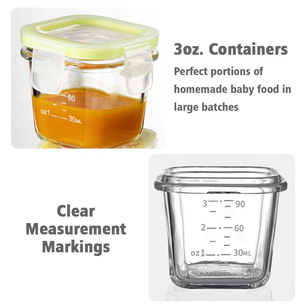 Matyz 4-Pack Glass Baby Food Storage Containers with Airtight Lids and Stackable Tray (Green, 3 OZ Each) - Small Freezer Storage Containers for Baby On The Go - Air Tight Food Storage Containers