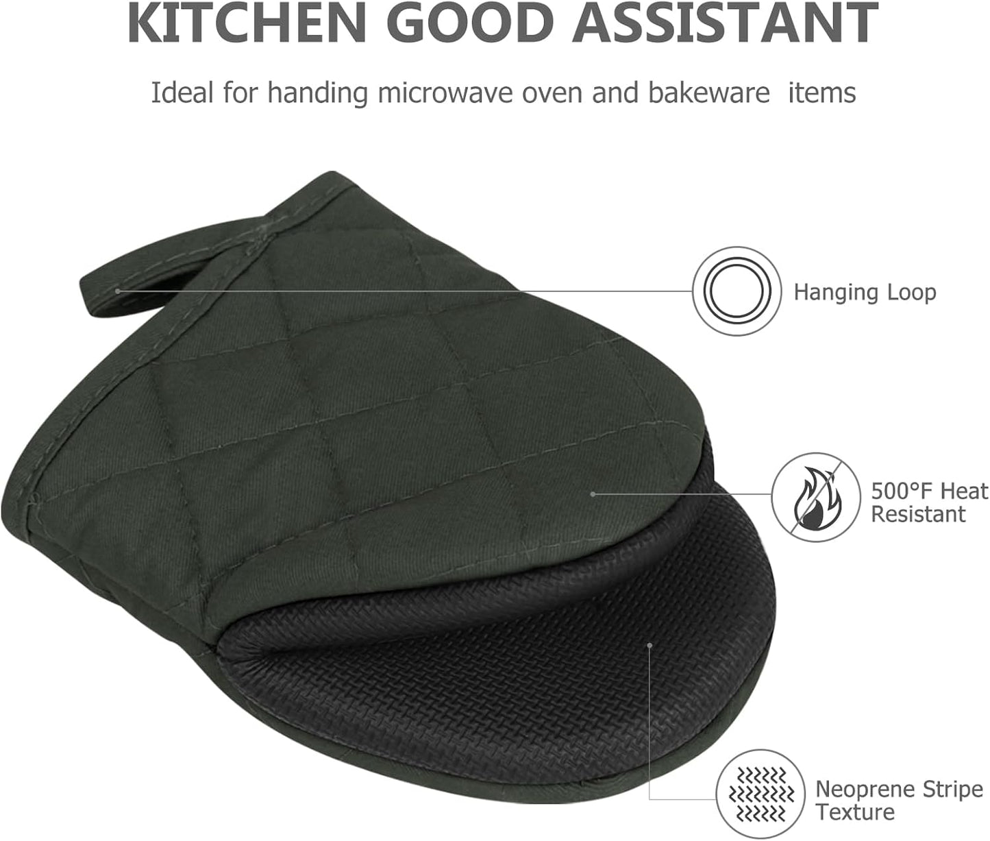1 Pair Short Oven Mitts, Heat Resistant Silicone Kitchen Mini Oven Mitts for 500 Degrees, Non-Slip Grip Surfaces and Hanging Loop Gloves, Baking Grilling Barbecue Microwave Machine Washable (Gray)