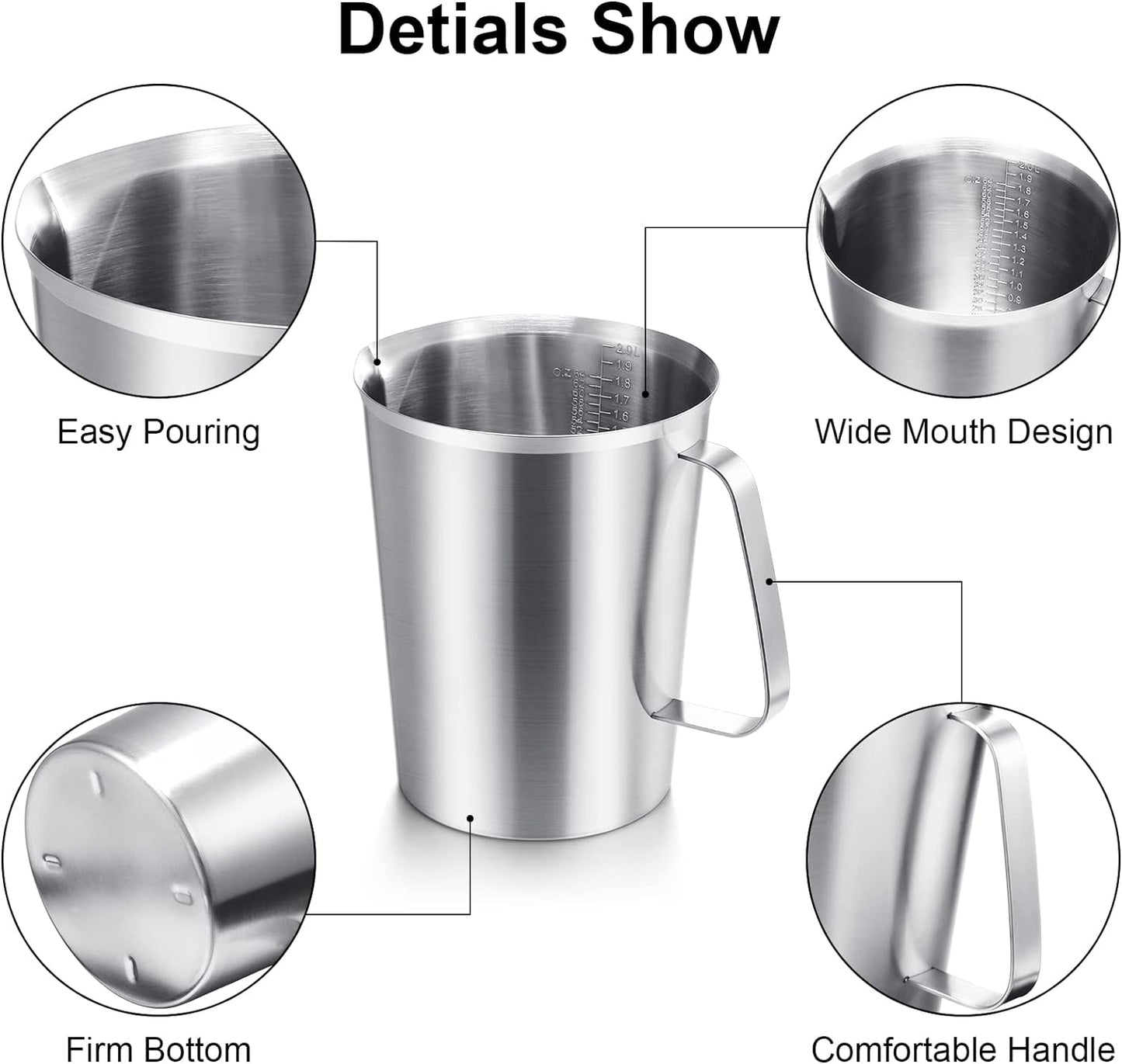 Flutesan 3 Pcs Stainless Steel Measuring Cups Measuring Pitcher with Handle with Markings for Latte Art, Water Pouring 2/4/8 Cup (16/32/64 oz)