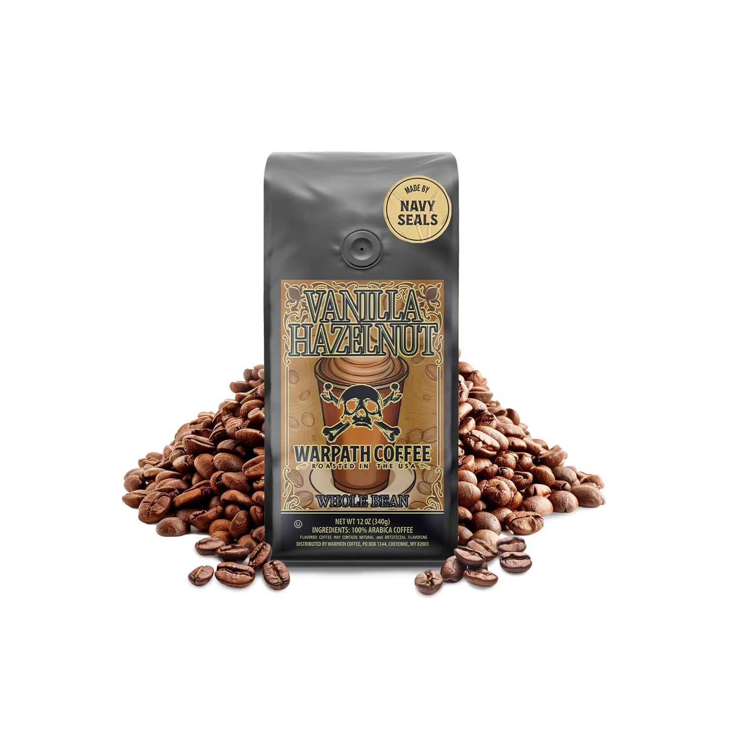 Warpath Coffee Light Roast Whole Bean Coffee, Vanilla Hazelnut Blend, High Caffeine, Strong Roasted 100% Arabica Coffee Whole Beans, Rich Aroma, Full Bodied Intense Cup, Created by Navy SEALs, 12oz