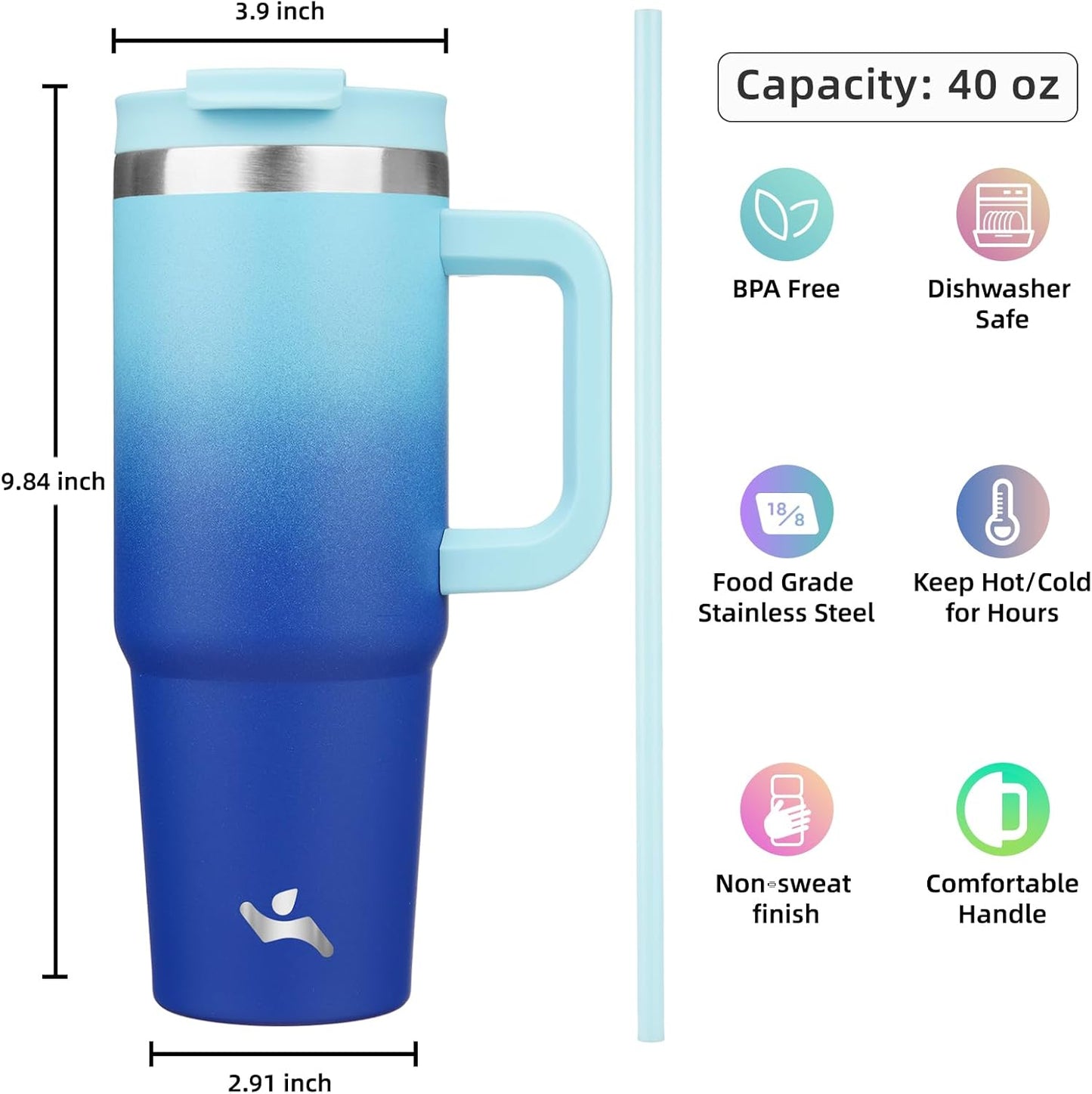 40 oz Tumbler with Handle and 2 Straws,2 in 1 Lid Insulated Water Bottle Stainless Steel Travel Coffee Mug,Sky