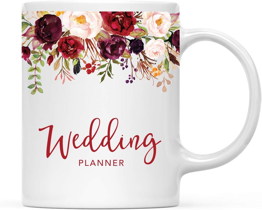 Andaz Press 11oz. Wedding Ceramic Coffee Tea Mug Gift, Fall Autumn Marsala Burgundy Flowers Roses Florals, Wedding Planner, 1-Pack, Includes Gift Box