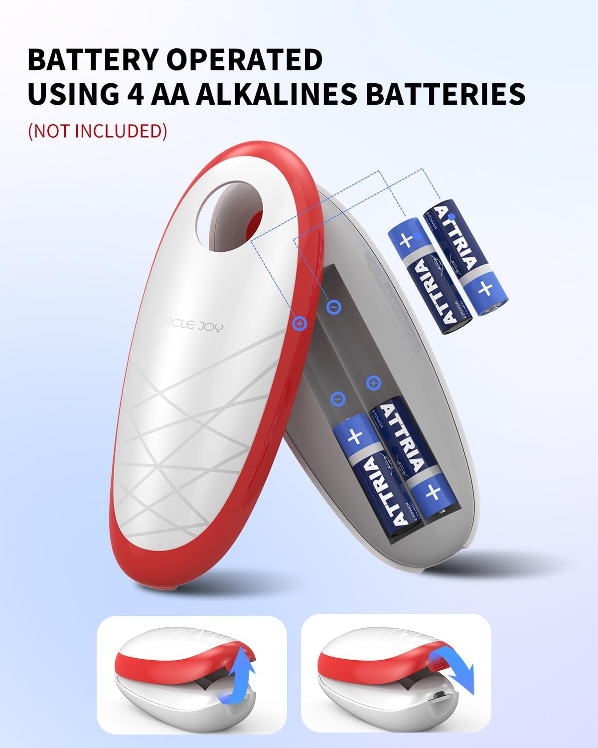 CIRCLE JOY Electric Can Opener, One-Touch Automatic Can Opening with Smooth Edges, Food Safety Handheld Battery-Operated Can Opener for Kitchen and Seniors, Red