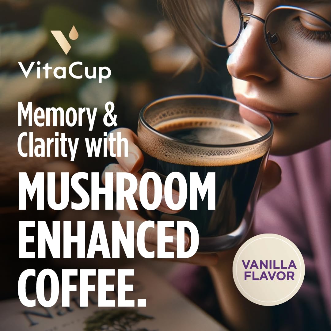 VitaCup Focus Mushroom Coffee Pods, Vanilla Flavored Coffee with Chaga, Lion’s Mane, Vitamins, Medium Dark Roast Arabica Beans, Recyclable Single Serve Pods Compatible with Keurig K-Cup Brewers, 64 Ct