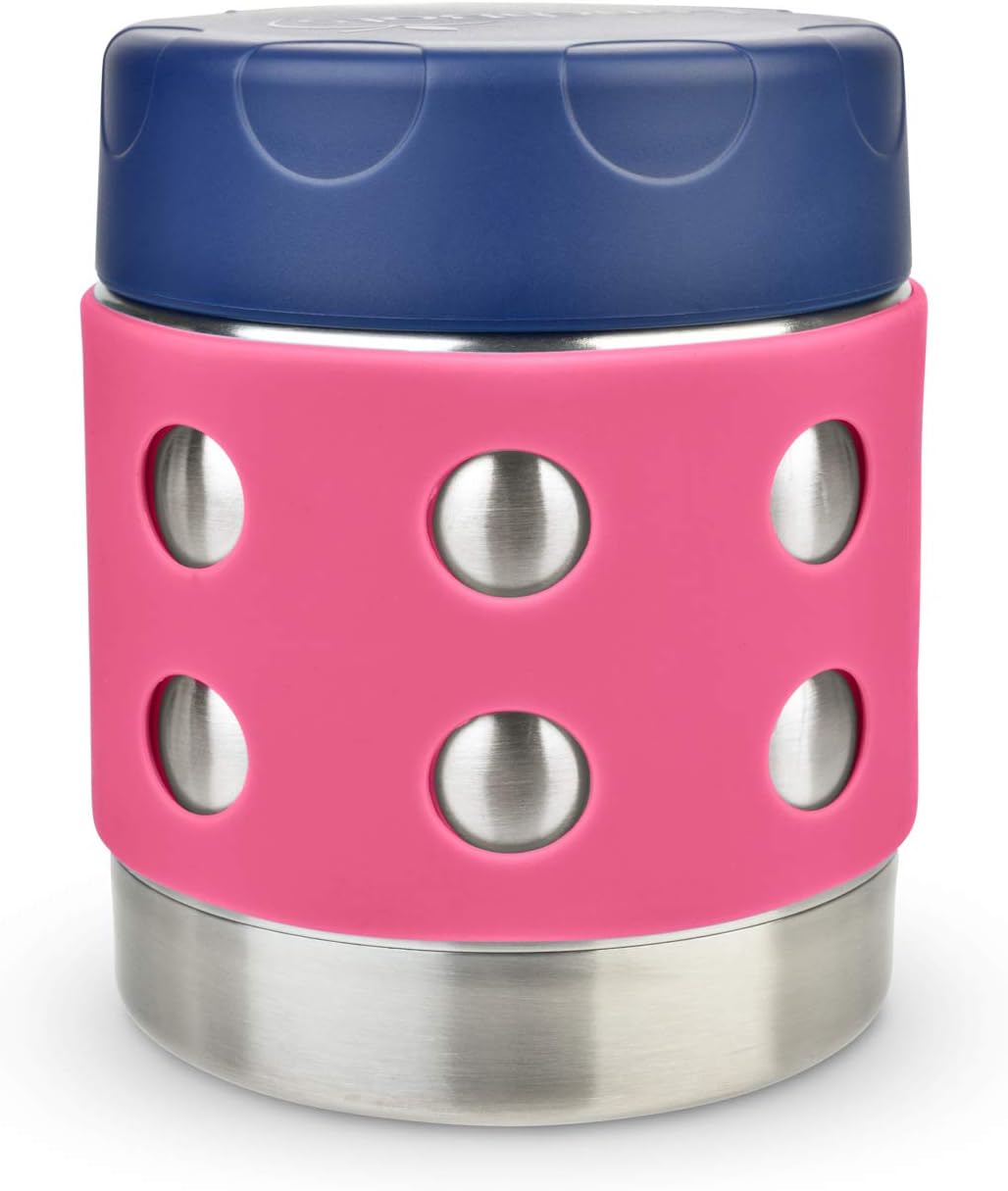 LunchBots Thermal 8 oz Triple Insulated Thermos - Hot 6 Hours or Cold 12 Hours - Leak Proof Thermos Soup Jar - All Stainless Interior - Navy Lid - Pink Dots