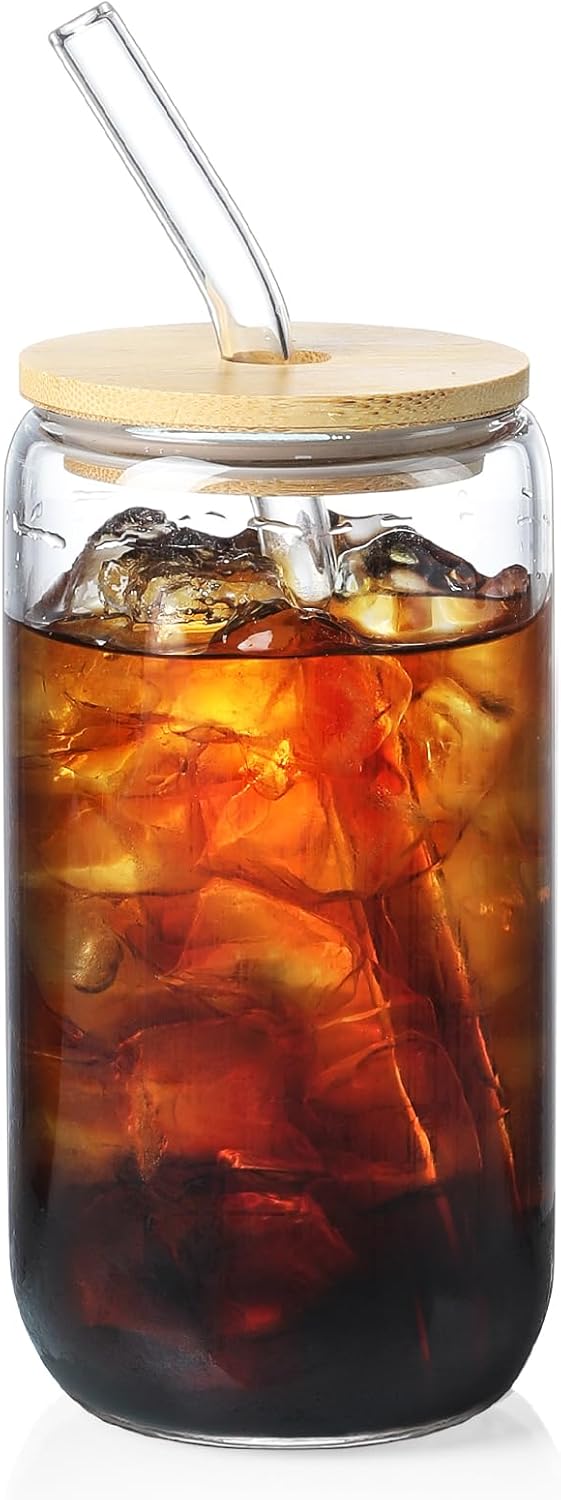 NETANY 1 Pack Glass Cups with Bamboo Lids and Straws 16 oz, Gifts for Women, Drinking glasses set, Iced Coffee, Tea Cup, Cute Aesthetics Tumbler Cup, Mothers Day, Birthday Gifts for Her Mom
