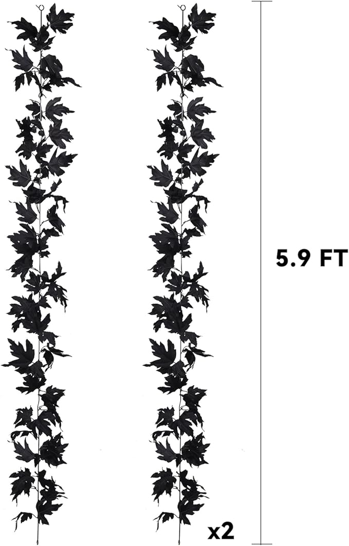 Lvydec 2 Pack Black Halloween Fall Maple Garland - 5.9ft/Piece Artificial Hanging Fall Leave Vines Garland Autumn Decor for Thanksgiving Home Wedding Party