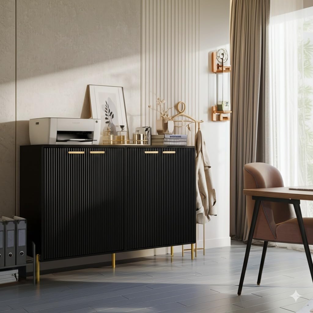 Black Fluted Sideboard Cabinet - Luxury Buffet Table with 4 Doors, Large Coffee Bar Station for Living Room, Kitchen, Hallway, Entryway Storage