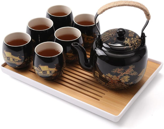 Dujust Japanese Tea Set, Black Porcelain Tea Set with 1 Teapot Set, 6 Tea Cups, 1 Tea Tray, 1 Stainless Infuser, Beautiful Asian Tea Sets for Adults, Tea Lover/Women/Men (Countryside in Golden)