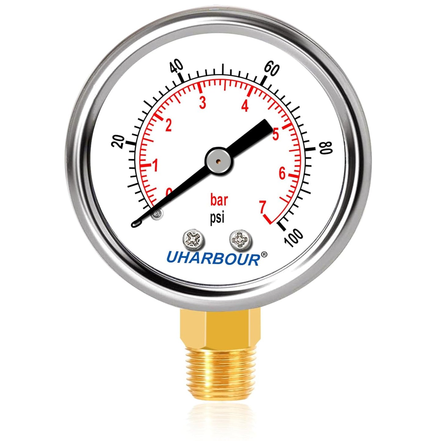 Lead-Free Pressure Gauge 1/4 NPT 0-100 Psi 2" Dial Stainless Steel Case, 1/4 NPT Lower Mount Pressure Gauge