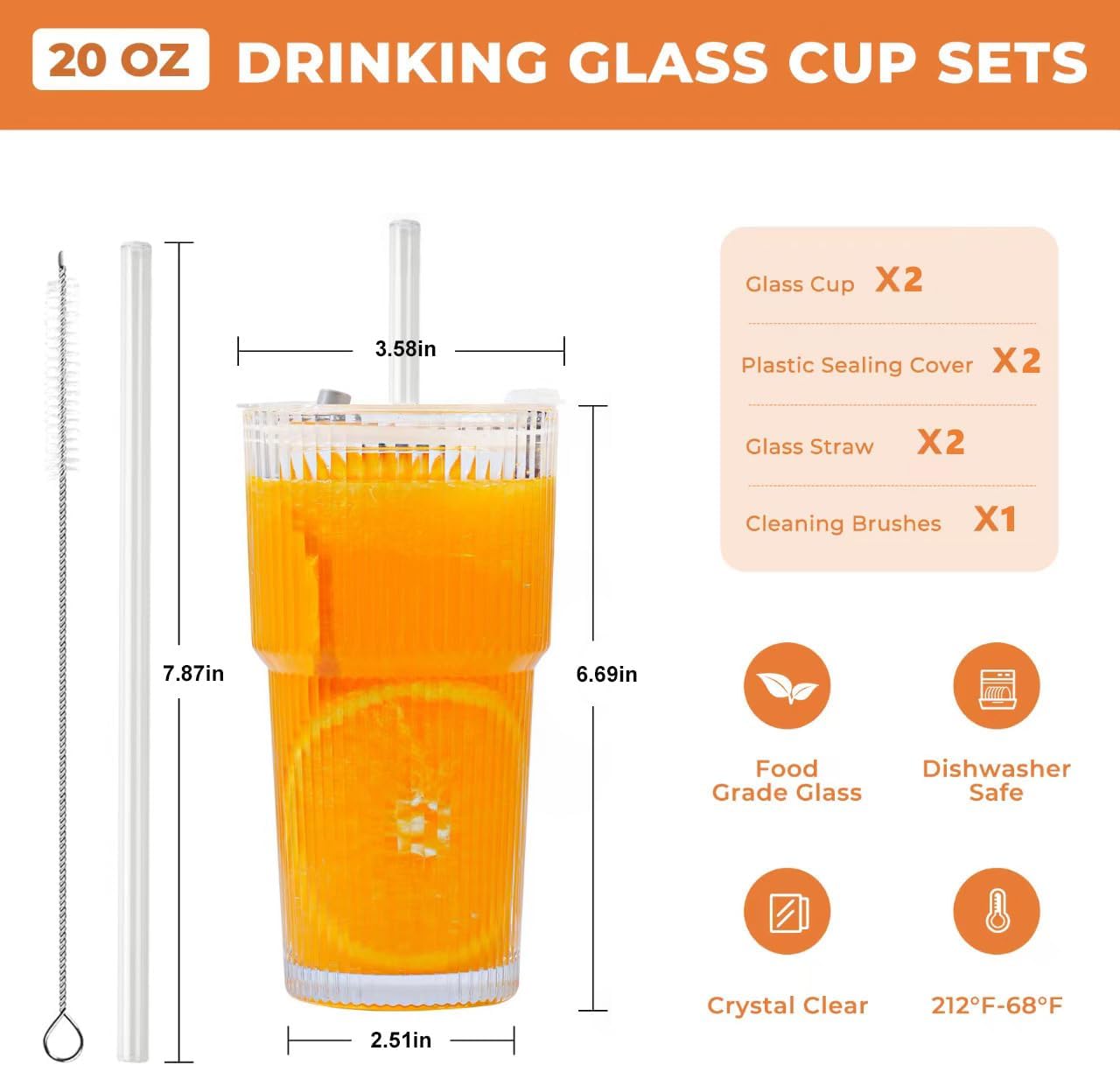 2 Pack 20 Oz Glass Cups with Lids and Straws Iced Coffee Cups Vintage Ribbed Glassware for Beer Ice Coffee Fruit Juice Elegant Aesthetic Cup Glass Iced Coffee Tumbler Include 1 Cleaning Brushes
