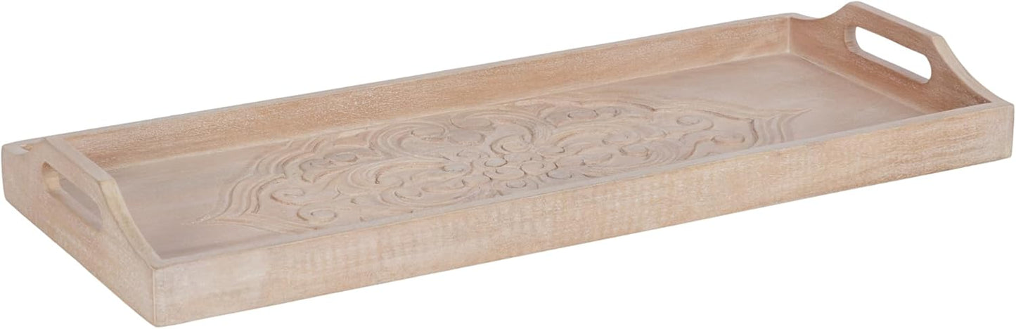 Kate and Laurel Adhira Carved Decorative Rectangle Tray, 24 x 10, Natural Wood, Traditional Display Tray with Handles and Hand Carved Wooden Pattern