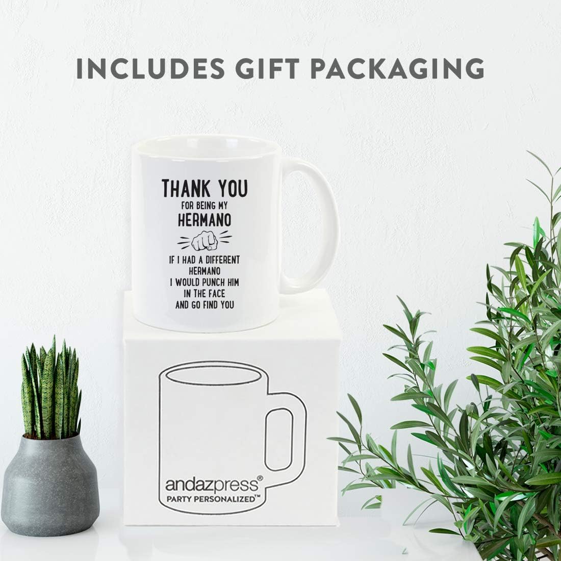 Andaz Press Funny Family 11oz. Coffee Mug Gift, Thank You for Being My Hermano, Punch in Face, 1-Pack, Christmas Birthday Drinking Cup Present Ideas