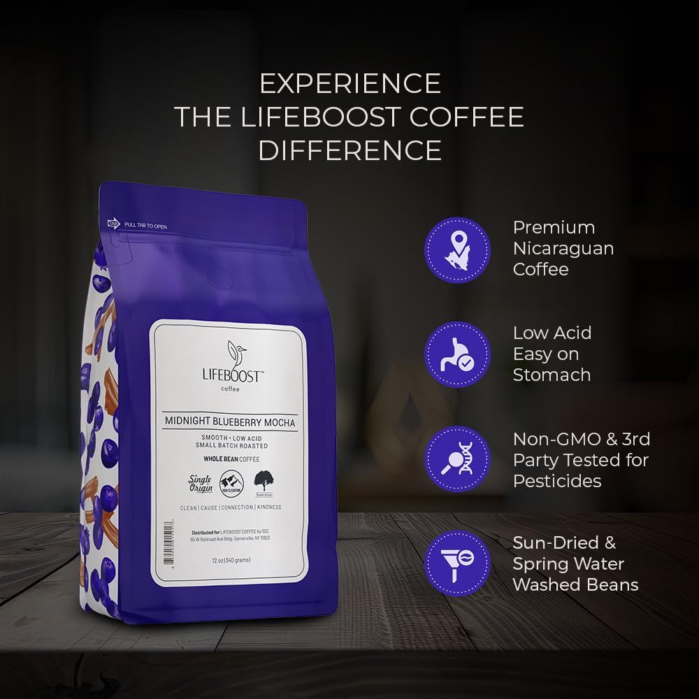 Lifeboost Midnight Blueberry Mocha Whole Bean Coffee - Non-GMO Wild Blueberry Low Acid Single Origin Coffee Beans - Third Party Tested For Mycotoxins & Pesticides - 12 Ounces