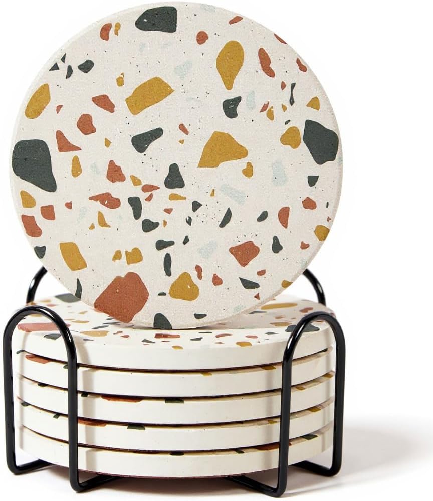 Absorbent Coaster Set of 6 with Holder, Drink Coasters for Coffee Table, Kitchen, Home Decor, Cute Ceramic Round Coasters, Alternative to Silicone, Cork or Glass Coaster (Sunset with Black Holder)