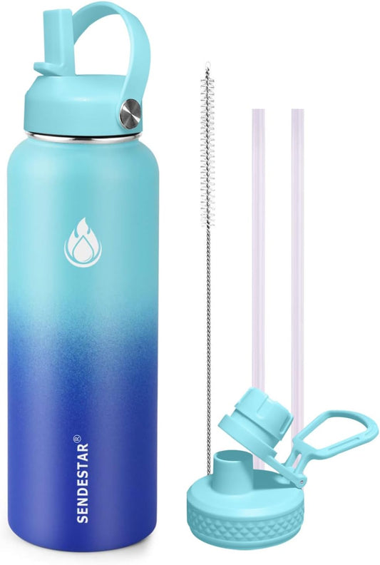 SENDESTAR Stainless Steel Water Bottle, Wide Mouth Water Bottle 18 oz, 24oz,32 oz,40 oz with 2 Lids (Straw Lid), Double Wall Vacuum Insulated Leak Proof, Keep Liquids Hot or Cold