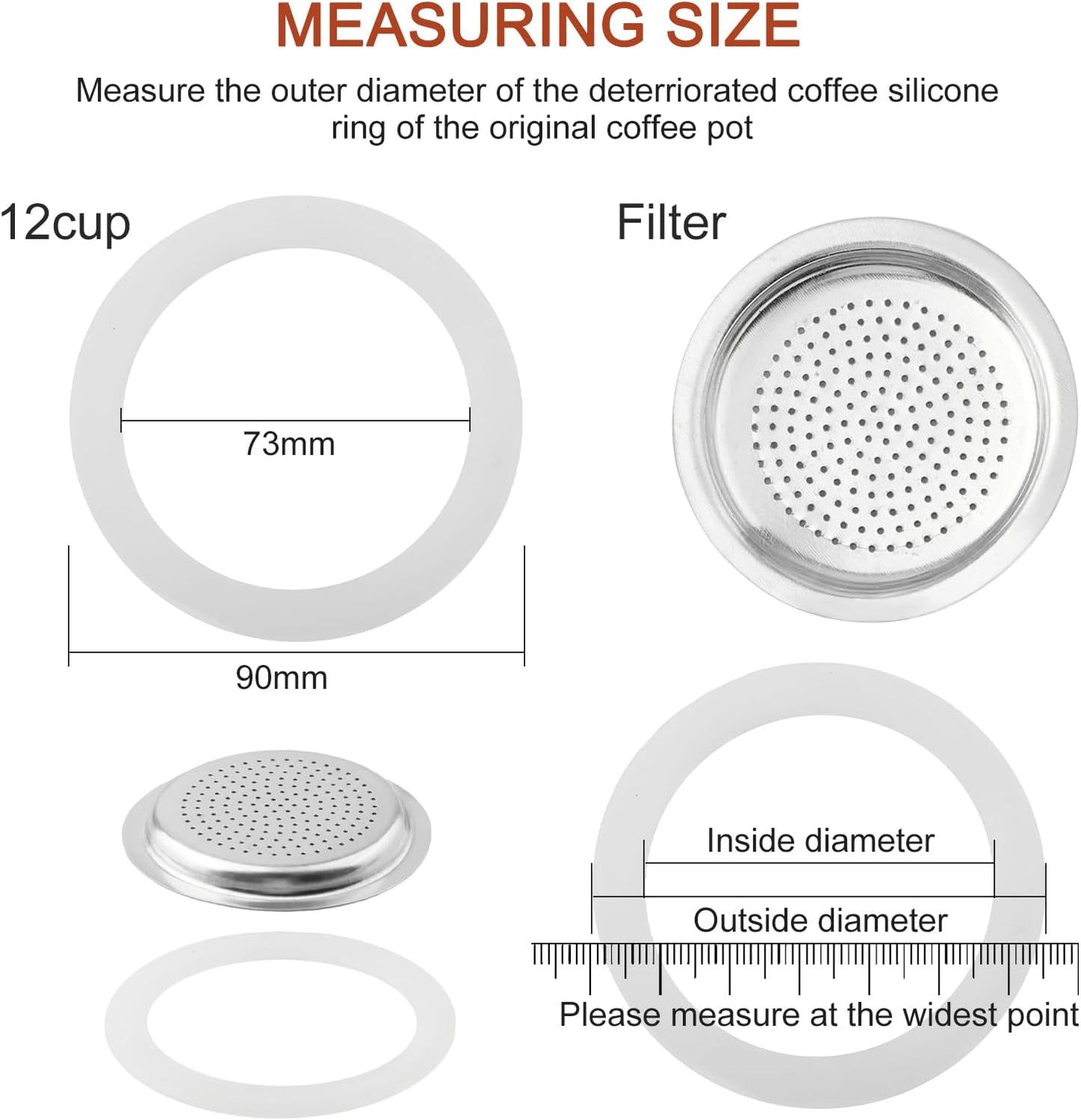 2/3/6/9/12 Cup Gasket & Filter For Stovetop Espresso Coffee Makers, Rubber Seal For Stove Top Coffee Maker Moka Pot, Silicone Gasket Seals, Espresso Machine Replacement Parts(12 cup)