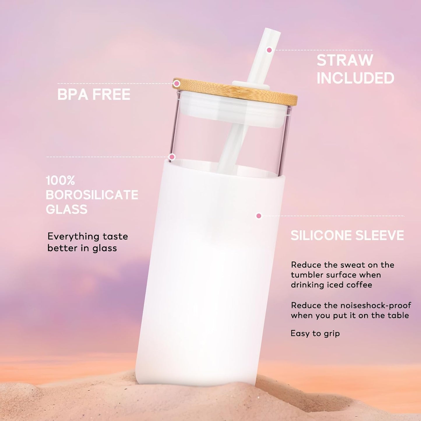 Tronco 20 oz Glass Tumbler with Lid & Straw - Iced Coffee Cup & Smoothie Cup With Silicone Sleeve | BPA-Free, Dishwasher Safe | Reusable Glass Cups with Bamboo Lids and Straws (Pink, 1 Count)