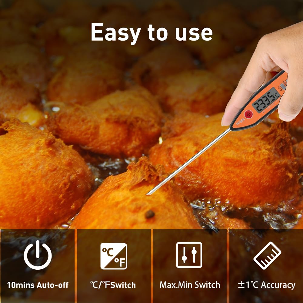 Wisebee Digital Meat Thermometer, Instant Read, ℃/℉ Switch, Long Stainless Steel Probe, Battery Powered, Food Thermometer for Cooking, Baking, Steak, Grilling and Frying (Orange)