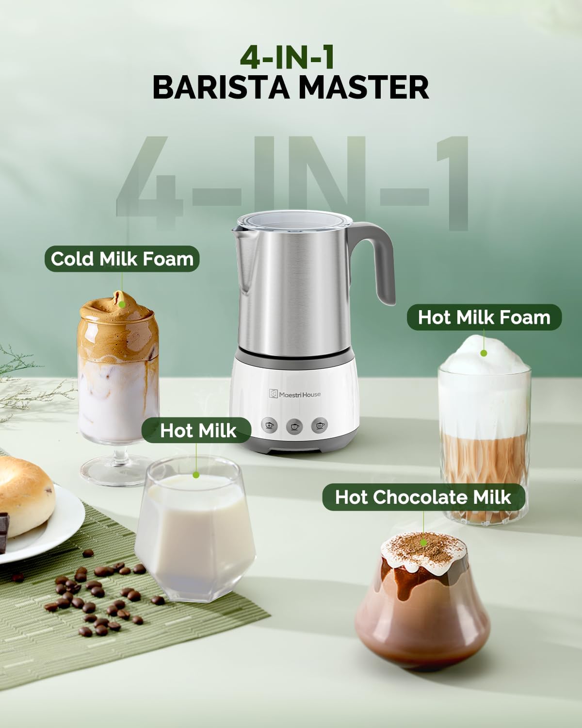 Maestri House Milk Frother, 4-in-1 Electric Milk Steamer and Frother, 16.9OZ 600W Smart Touch Control Hot and Cold Foam Maker, Memory Function for Latte, Cappuccinos, Warm Milk, Hot Chocolate Milk