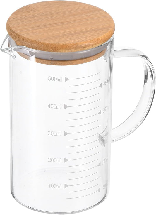 PATIKIL 500ml Glass Measuring Cup, 3.3 Borosilicate Glass Graduated White Printed Scale Liquid Measure Cups Beaker with Wood Lid and V-Shaped Spout for Kitchen