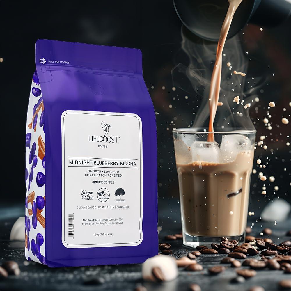 Lifeboost Midnight Blueberry Mocha Ground Coffee - Low Acid Single Origin Coffee - Non-GMO Wild Blueberry Coffee Grounds Third Party Tested For Mycotoxins & Pesticides - 12 Ounces