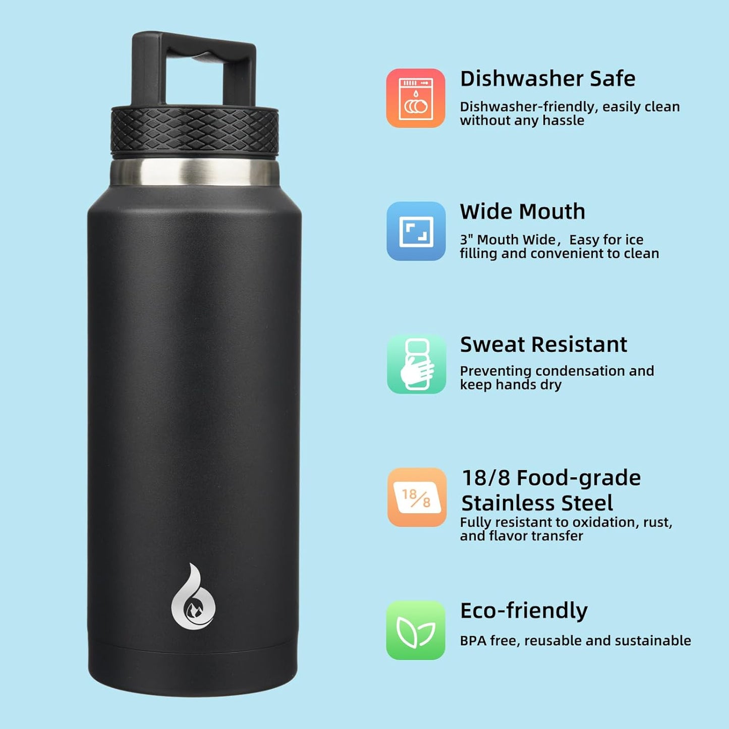 BJPKPK Insulated Water Bottles, Dishwasher Safe 36 oz Water Bottle with Handle, Leakproof BPA Free Water Jug, Stainless Steel Thermos for Sports, Black