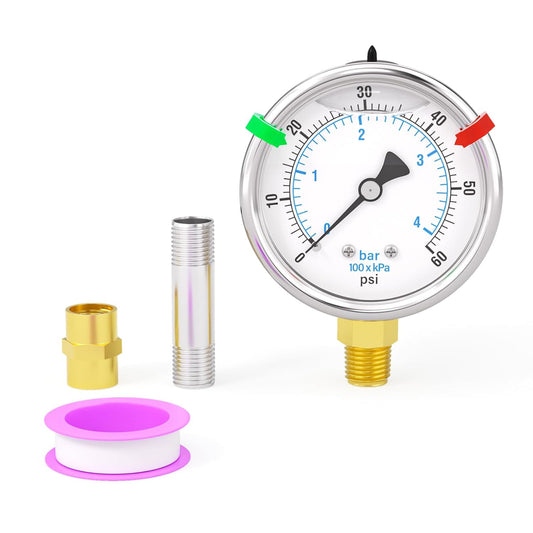 0-60PSI Heater Heavy Liquid Filled Pressure Gauge Kit, 2.5" Stainless Steel Dial Size, 1/4" NPT Lower Mount, for Low Pressure Portable Oil Fired Heaters (with Range Mark Pointer)