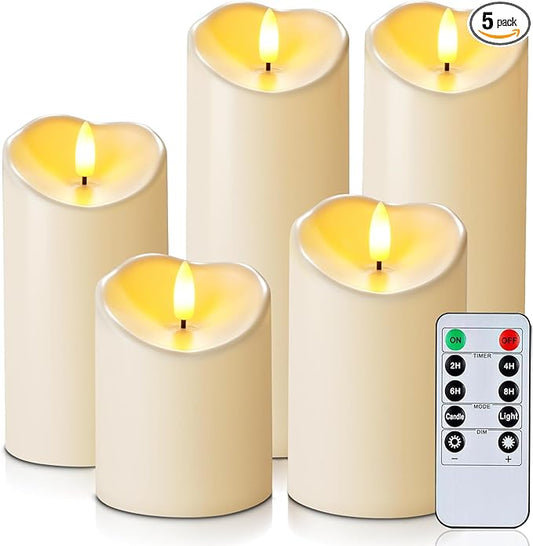 Homemory Outdoor Waterproof Flameless Candles, LED Candles, Battery Operated Candles with Remote and Timers, Electric Fake Plastic Pillar Candles, Dark Ivory, D3 H4 5" 6" 8" 8", Set of 5