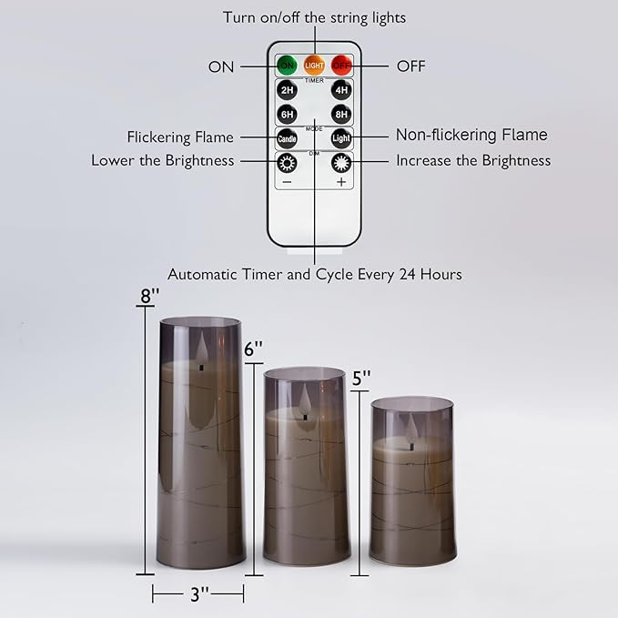 Homemory 9 Pcs Flameless Candles with Embedded Star String Fairy Lights, Battery Operated Candles, LED Fake Candles with Remote Control and Timer, Gray Acrylic