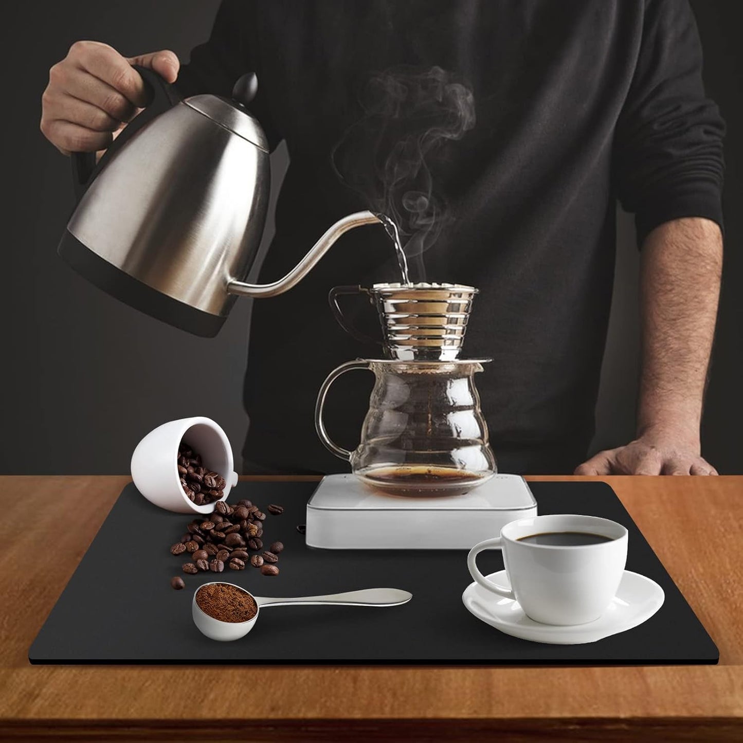 ZLR Coffee Mat - 16" x 24" Extra Large Kitchen Hide Stain Absorbent Dish Drying Mat for Countertop - Easy to Clean Coffee Bar Mat for Espresso Machine and Spill Protection - Black