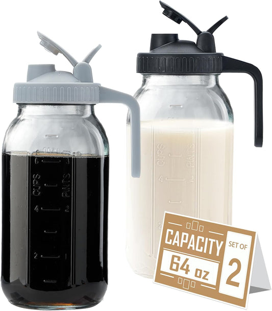 64oz Glass Pitcher with Lid - 2 Quart Mason Jar Pitcher with Spout, Leak-proof Milk Container for Refrigerator, Easy to Clean Wide Mouth Water Jug, Juice, Tea, Iced Coffee, Beverage and Drinks