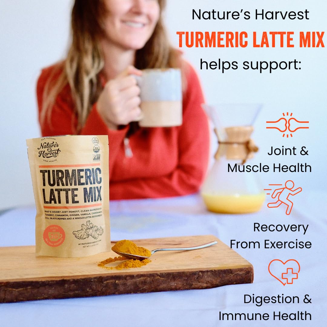 Nature's Harvest - Turmeric Latte Mix, Add on Golden Milk Tea, Smoothies and Other Drinks, Turmeric Spice Blend, Caffeine-Free Coffee Alternative, 2.12 oz Pack, 30 Servings