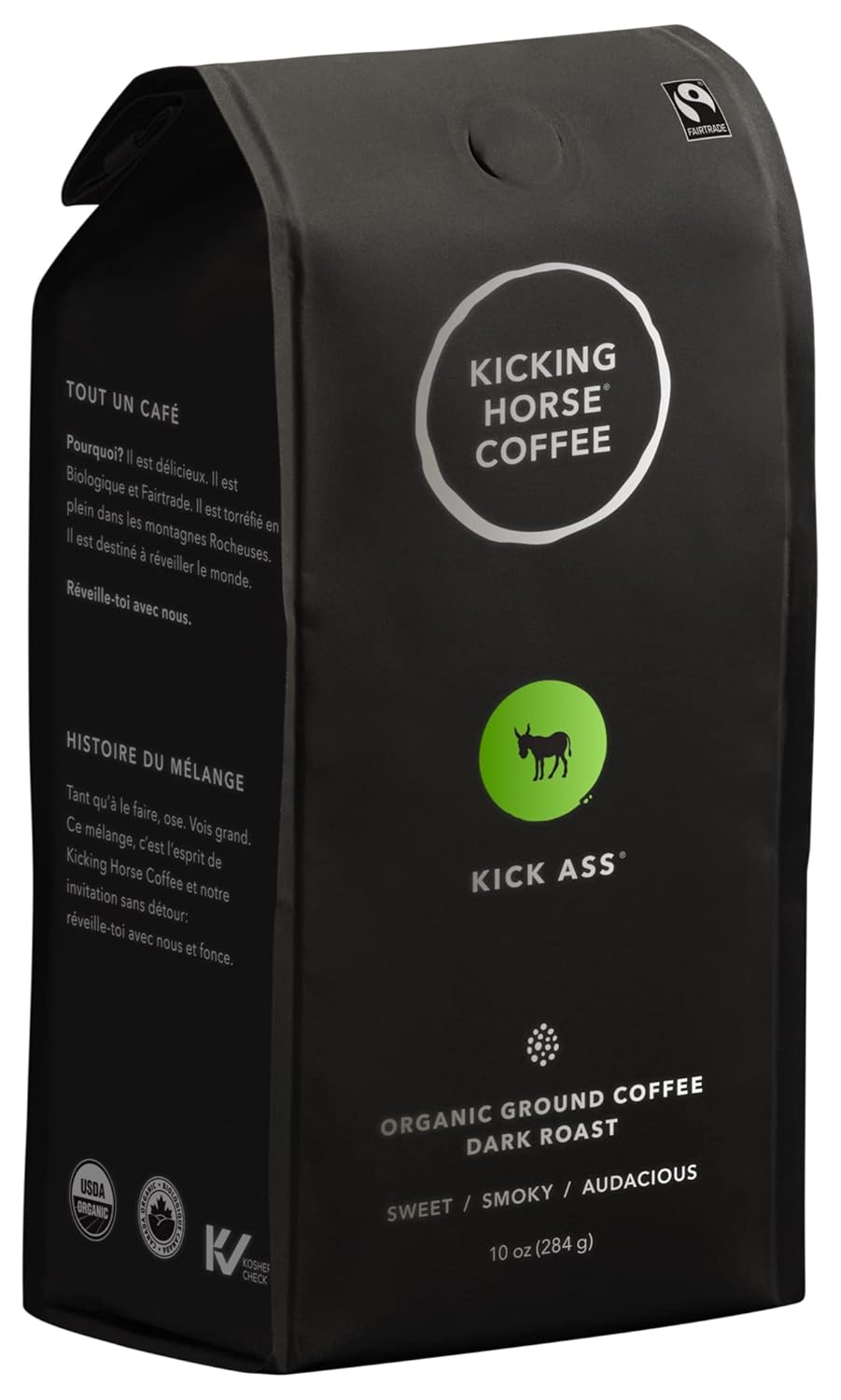 Kicking Horse Coffee Kick Ass, Dark Roast, Ground, Certified Organic, Fairtrade, Kosher, Black, 284 g, Pack of 6