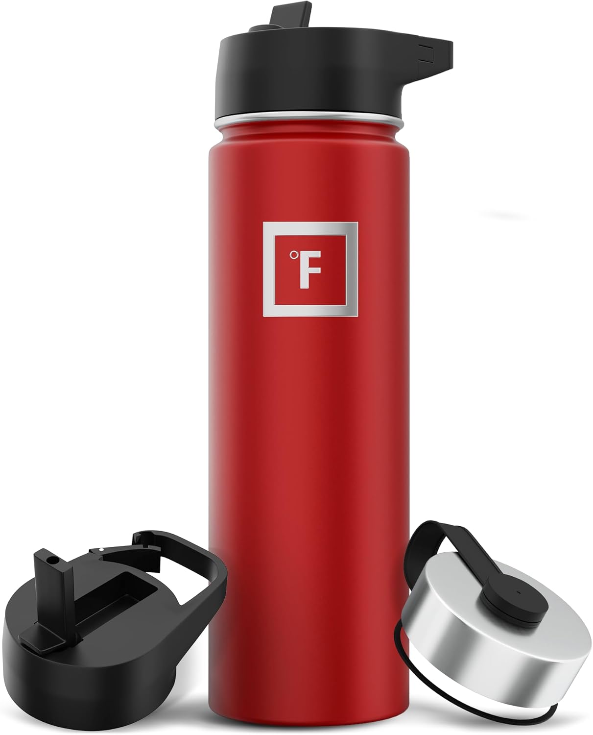 IRON °FLASK Camping & Hiking Hydration Flask with 3 Lids - Stainless Steel, Double Walled & Vacuum Insulated Water Bottle - Leak Proof & BPA Free (Fire Red, Straw - 22 oz)